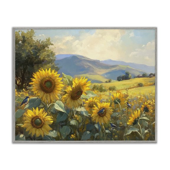 Stupell Industries Sunflower Dream Distant Mountains Gray Framed Giclee Art, design by Petal Prints Design