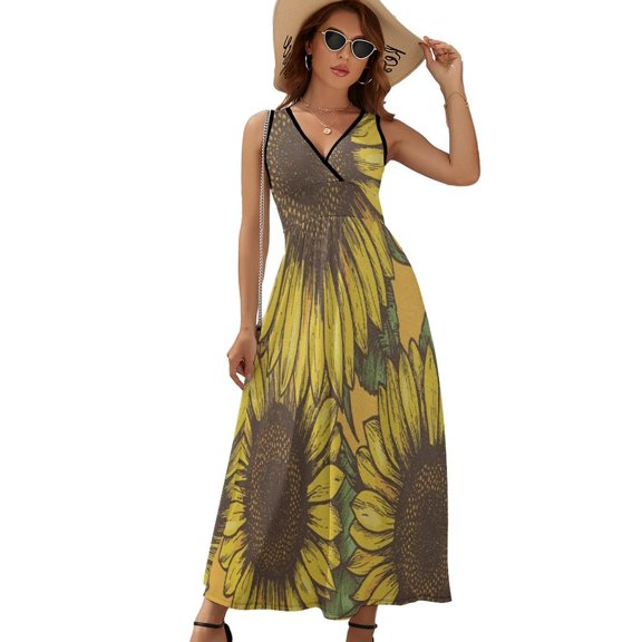 Sunflower Dress Summer Street Style Bohemia Long Dresses Female Sleeveless Printed Maxi Dress