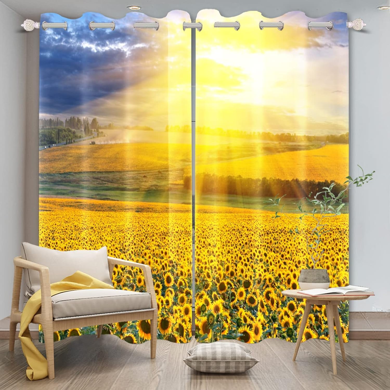 Sunflower Dusk Window Curtains, Sunset Sunshine Yellow Sunflowers Field