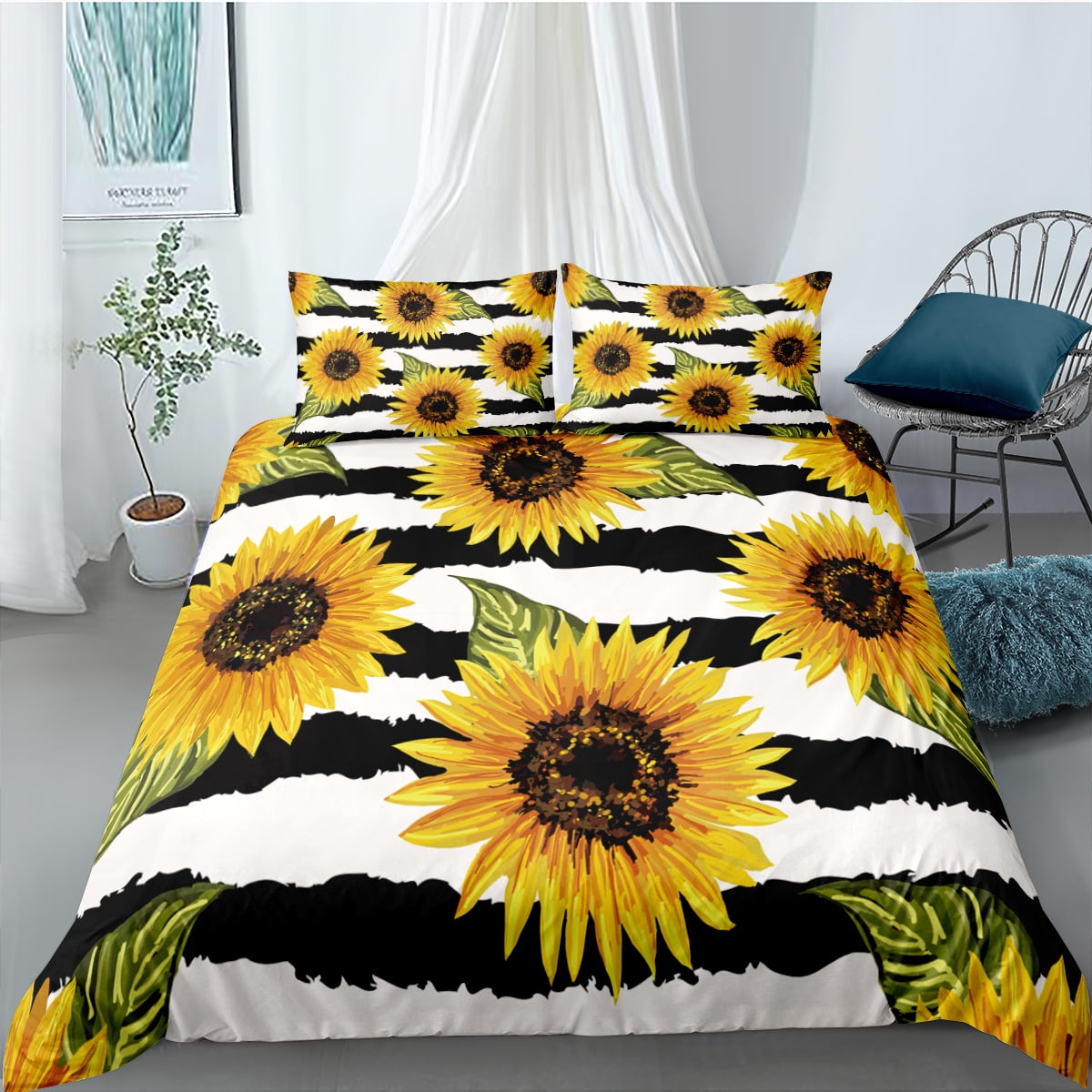 Sunflower Duvet Cover Botanical Floral Printed Bedding Set for Kids