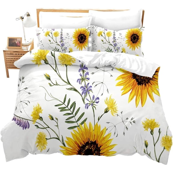 Sunflower Duvet Cover Printed Bedding Set Print r Botanical Plants Novelty Comforter Cover with Yellow and White for Women