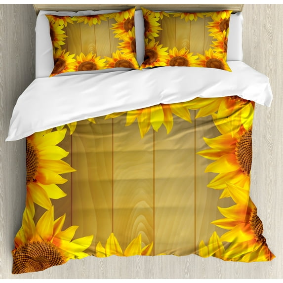 Sunflower Duvet Cover Set, Sunflower Arranged in a Circle on a Wooden Background Flower Frame Illustration, Decorative 3 Piece Bedding Set with 2 Pillow Shams, Calking Size, Brown Orange, by Ambesonne