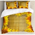 thumbnail image 1 of Sunflower Duvet Cover Set, Sunflower Arranged in a Circle on a Wooden Background Flower Frame Illustration, Decorative 3 Piece Bedding Set with 2 Pillow Shams, Queen Size, Brown Orange, by Ambesonne, 1 of 3