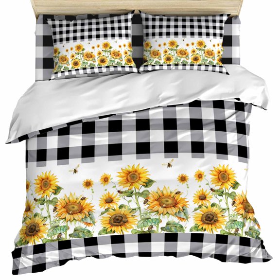 Sunflower Duvet Cover Set, Black White Buffalo Plaid Check Country Bee Soft Duvet Cover Twin Size Bedding Set 4 Pieces, 1 Quiltcover and 2 Pillowcases with Zipper, 1 Bed Sheet for All Seasons