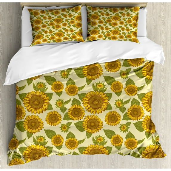 Sunflower Duvet Cover Set, Funky Style Sunflower in Pastel Colors Old Fashioned Nostalgic Vintage Print, Decorative 3 Piece Bedding Set with 2 Pillow Shams, Calking Size, Green Yellow, by Ambesonne