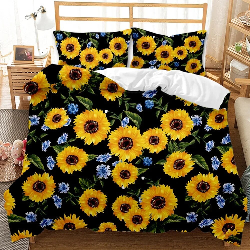 Sunflower Duvet Cover Set Girly Yellow Floral Print Twin Comforter