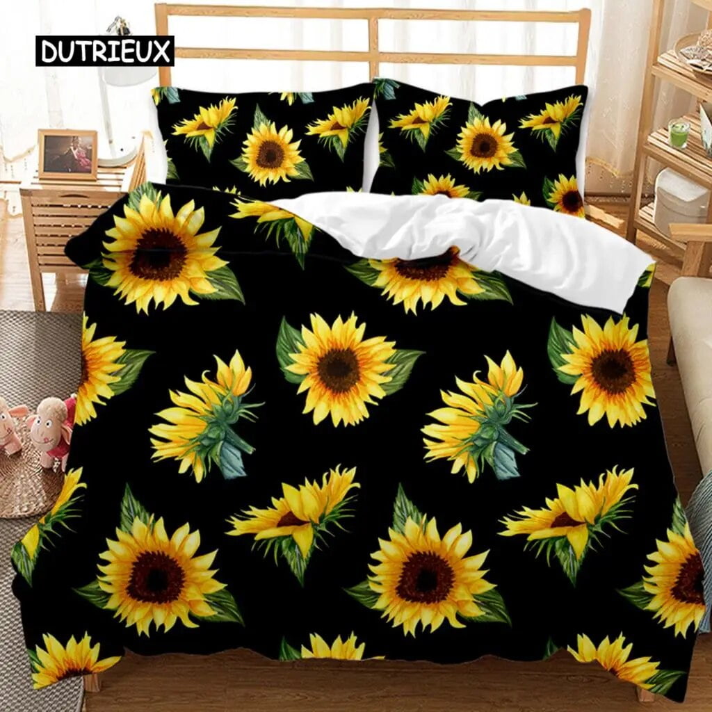 Sunflower Duvet Cover Set Girly Yellow Floral Print Twin Comforter