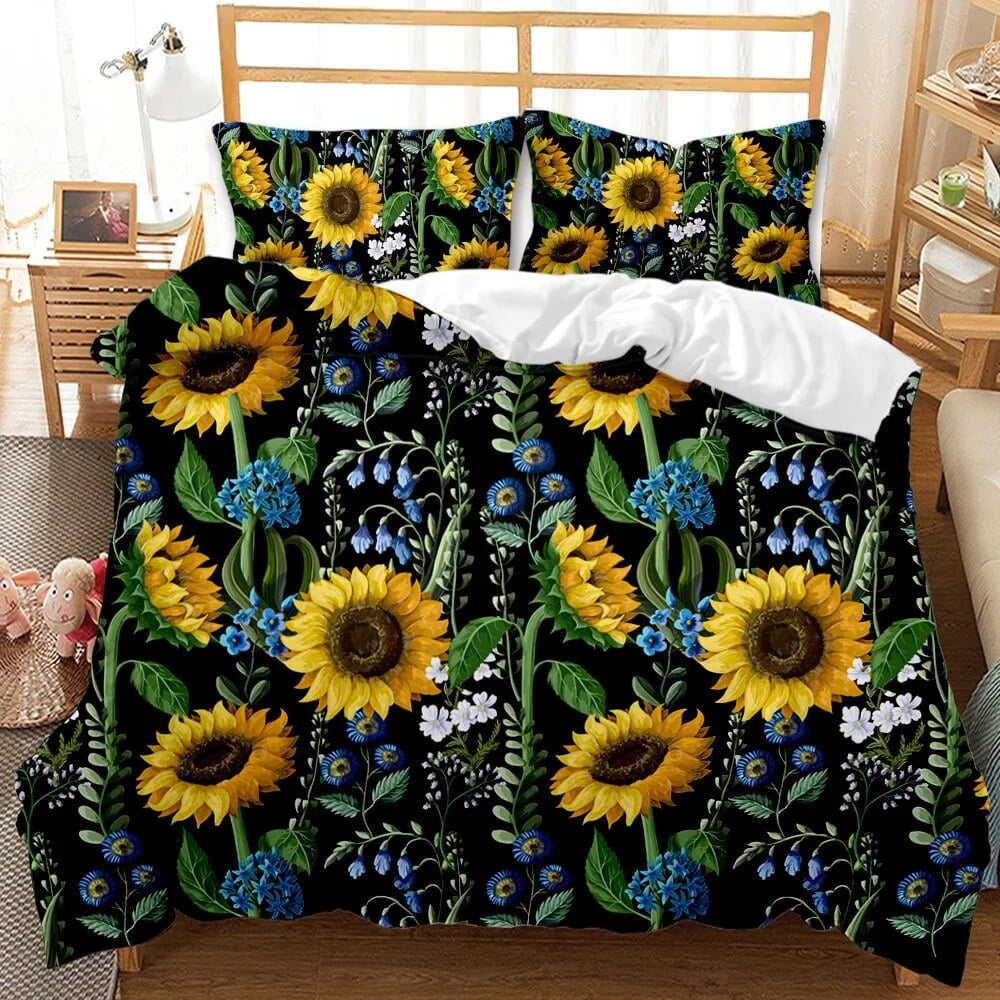 Sunflower Duvet Cover Set Girly Yellow Floral Print Twin Comforter