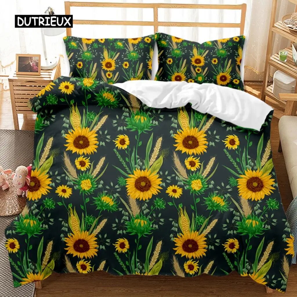 Sunflower Duvet Cover Set Girly Yellow Floral Print Twin Comforter