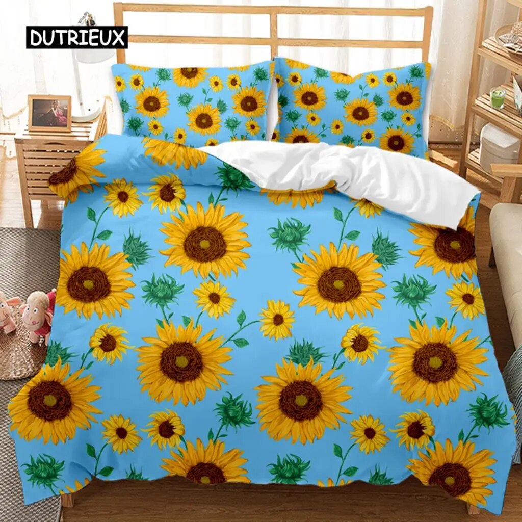 Sunflower Duvet Cover Set Girly Yellow Floral Print Twin Comforter