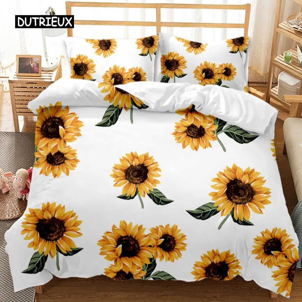 Sunflower Duvet Cover Set Girly Yellow Floral Print Twin Comforter