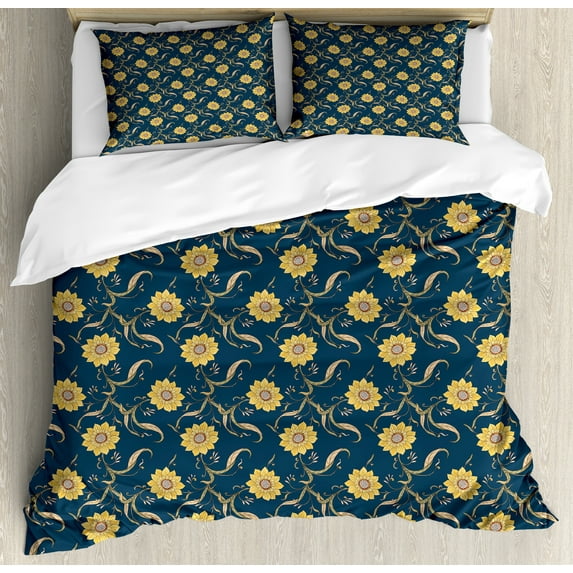 Sunflower Duvet Cover Set, Helianthus Floral Wild Pointy Petals Repetitive Print, Decorative 3 Piece Bedding Set with 2 Pillow Shams, Calking Size, Dark Sky Blue Mustard, by Ambesonne