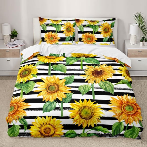 Sunflower Duvet Cover Set, Nature Floral Sunflower Bedding Set,Black Stripe Yellow Sunflower Print Comforter Cover Set 3 Pieces, 1 Quilt Cover and 2 Pillowcases
