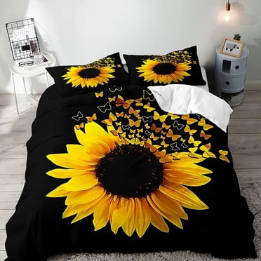 Sunflower Duvet Cover Set Twin Size | 3-Piece Retro Floral Bedding With Butterfly Print, Yellow Flower Design