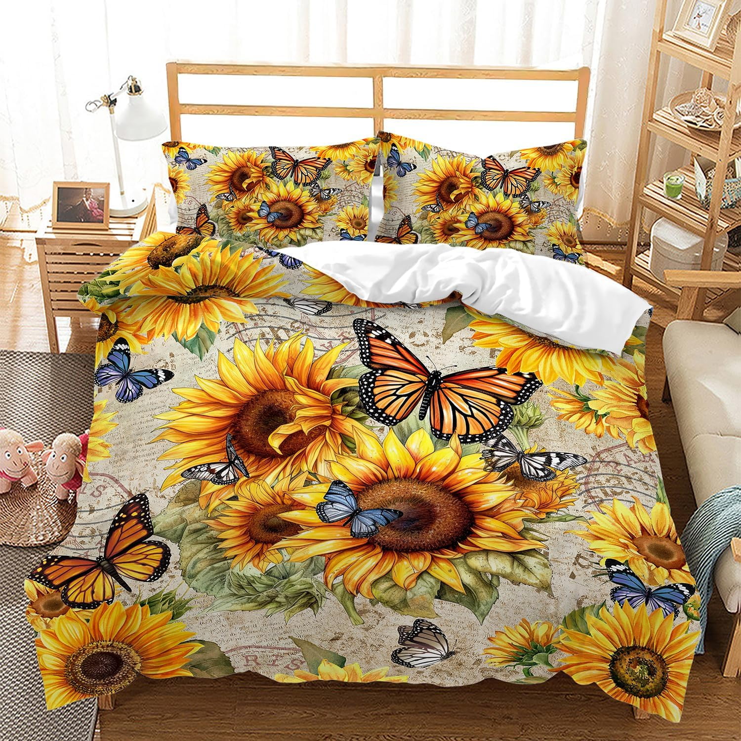 Sunflower Duvet Cover Set Queen Size,Sunflower Bedding Sets Butterfly