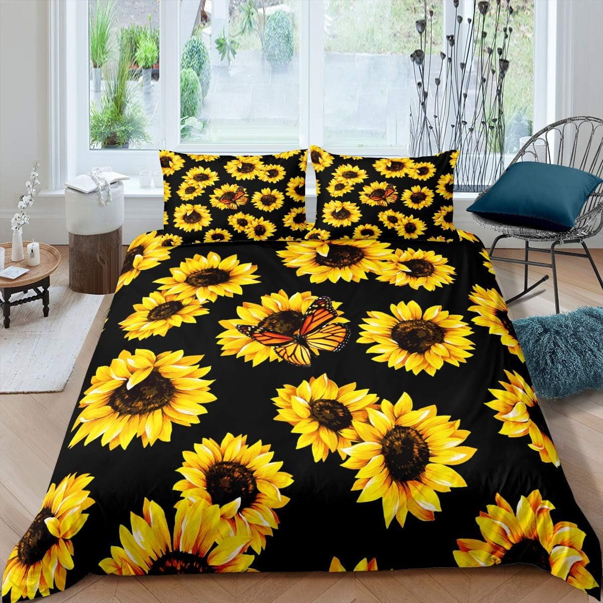 Sunflower Duvet Cover Set Queen Size,Sunflower Bedding Sets Butterfly