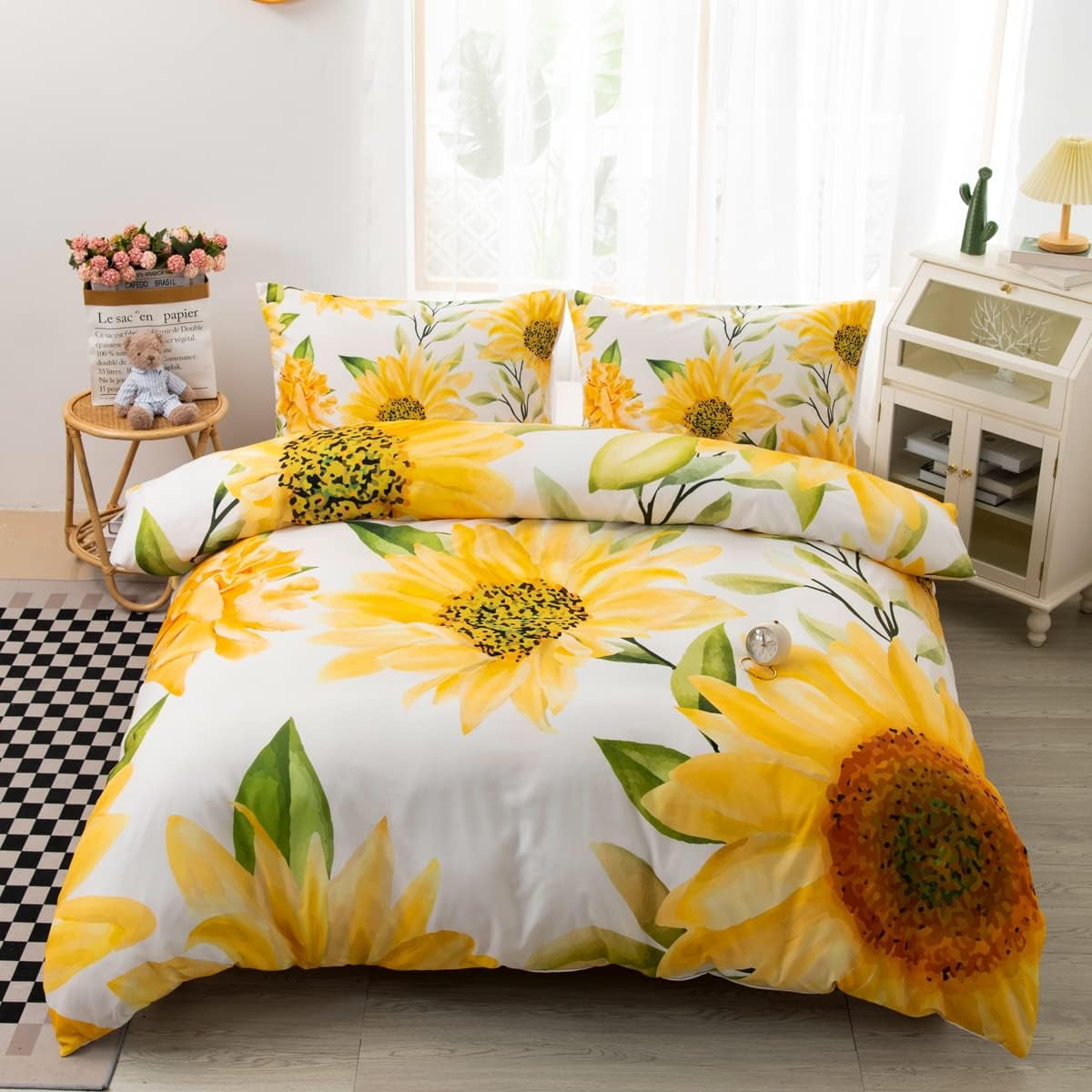 Sunflower Duvet Cover Set,Yellow Floral Sunflower Bedding Set King Size