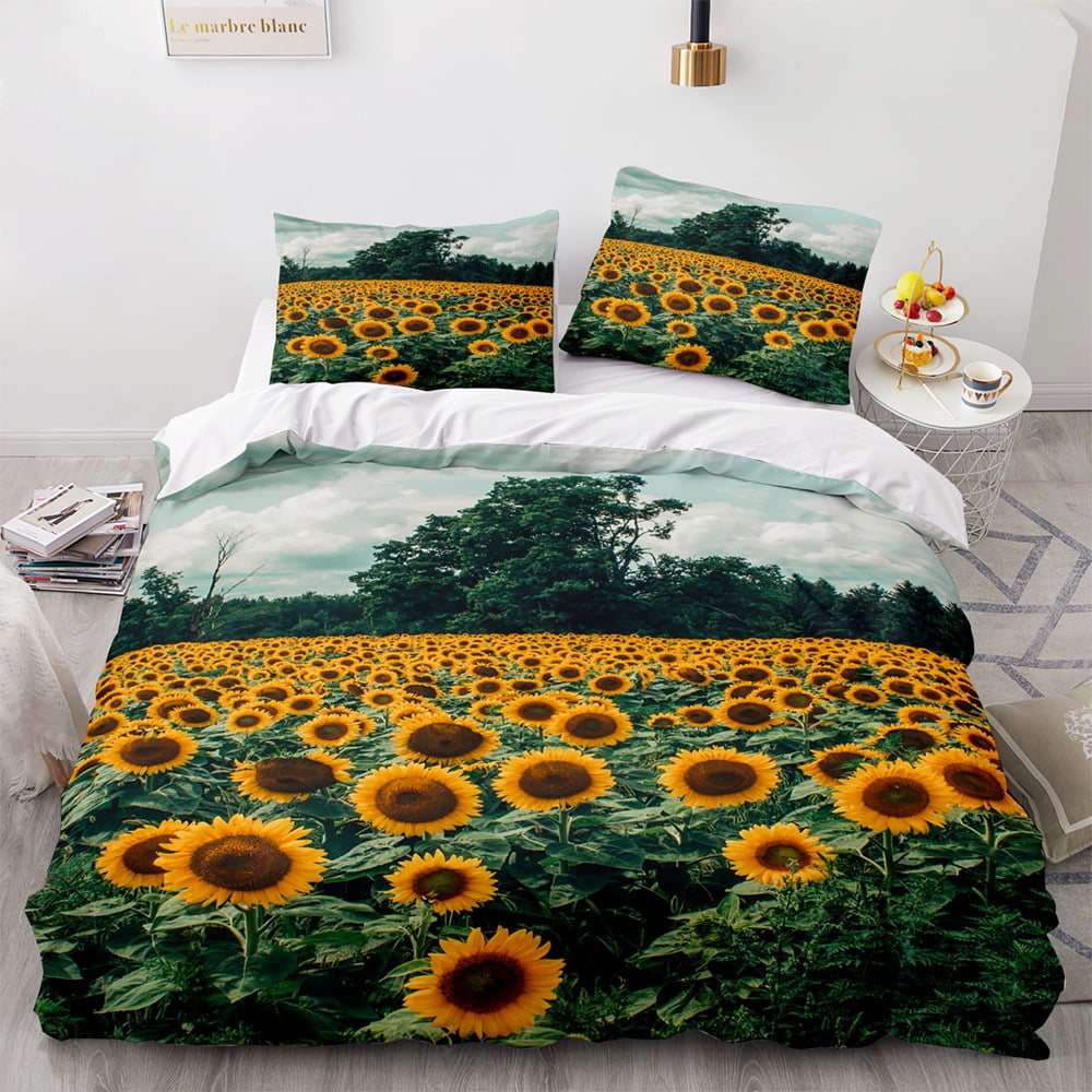 Sunflower Duvet Cover Set,Yellow Floral Sunflower Bedding Set King Size