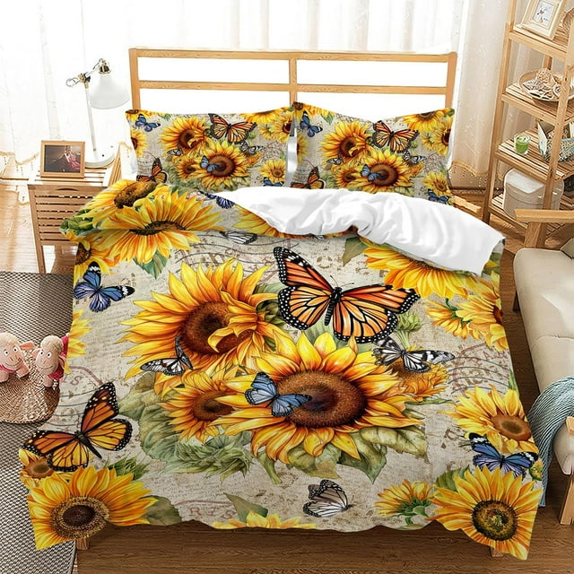 Sunflower Duvet Cover Set,Yellow Floral Sunflower Bedding Set Twin Full