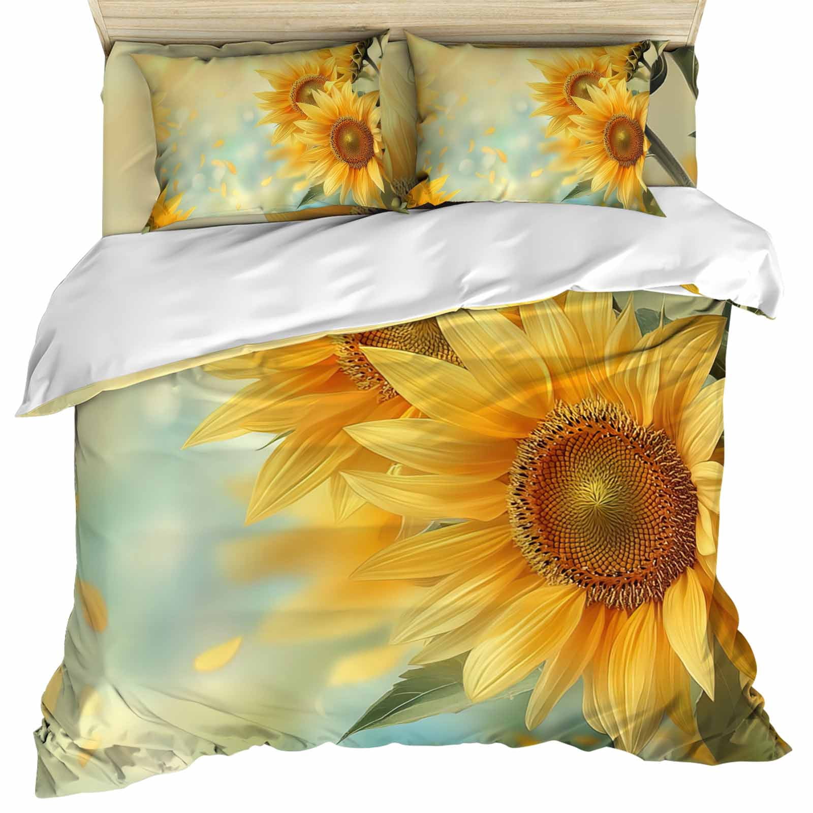 Sunflower Duvet Cover Set, Yellow Spring Floral Botanical Soft Duvet Cover Full Size Bedding Set 4 Pieces, 1 Quiltcover and 2 Pillowcases with Zipper, 1 Bed Sheet for All Seasons