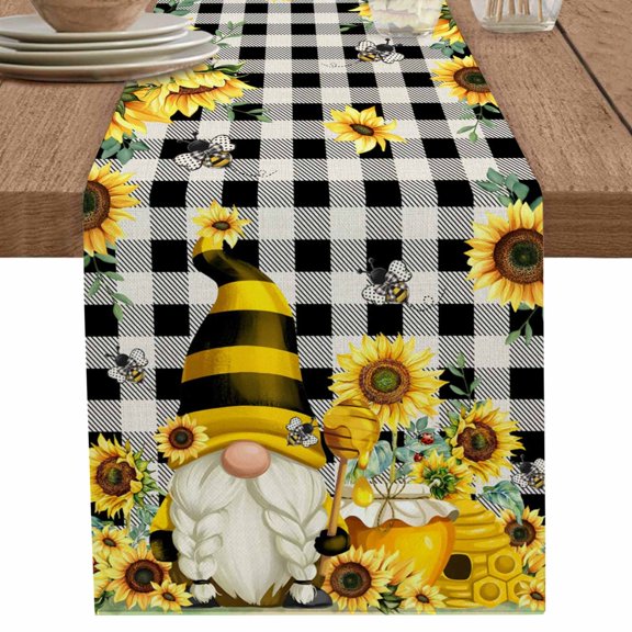 Sunflower Dwarf Bee Green Leaves Table Runner-36 Inch Long Black White Checkered Table Runners Linen Burlap Tablerunner for Kitchen Dining Room Holiday Party