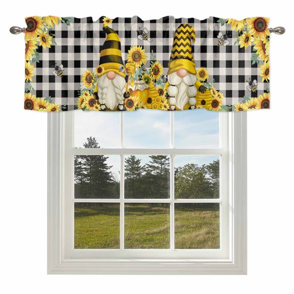 Sunflower Dwarf Bee Green Leaves Valances for Windows Black White Checkered Rod Pocket Curtain Valance Window Treatment Short Curtains for Kitchen Living Room,54x18in