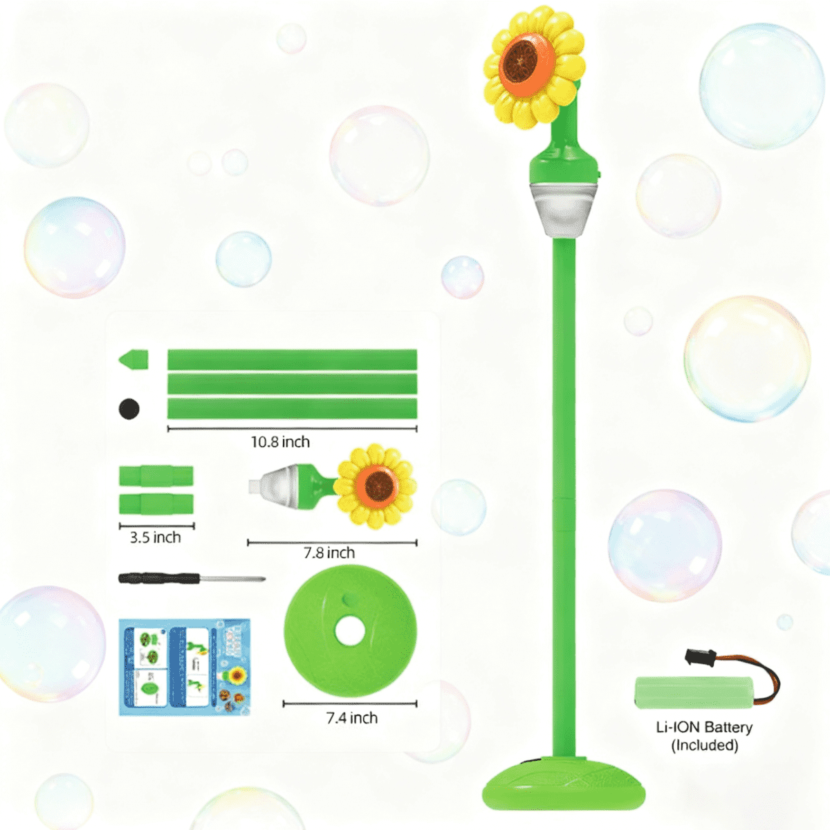 Flower Bubble Stand Machine,Sunflower Bubble Maker with Lights, Tall Adjustable Rechargeable Automatic Bubble Blower for Outdoor Backyard Party