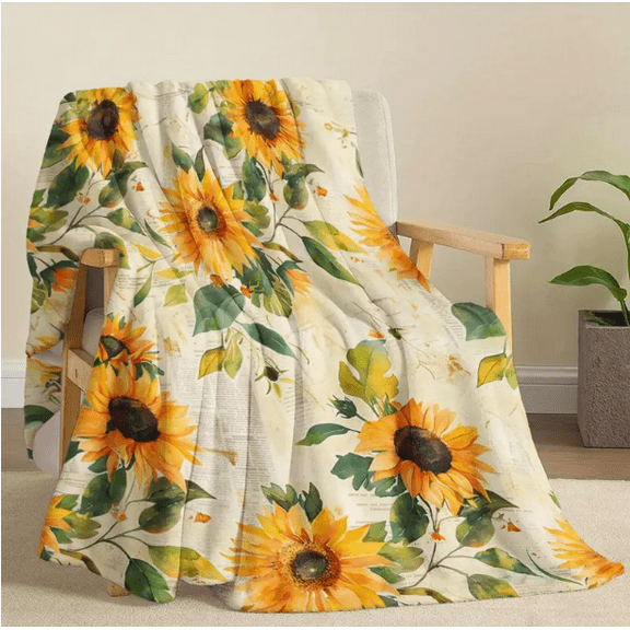 Sunflower Element Blanket, Vintage Watercolor Sunflower Flower Plant Old Newspaper Plants Print Blanket, Soft And Warm Blanket, Great Holiday Gifts For Classmates, Friends, Family And Lovers For Naps