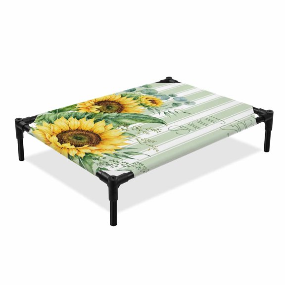 Sunflower Elevated Dog Bed, Summer Sunny Side Script Floral Eucalyptus Leaf Green Stripes Cooling Breathable Outdoor Raised Dog Cot Bed with Metal Frame Non-Slip Feet for Large Dog 28x22in