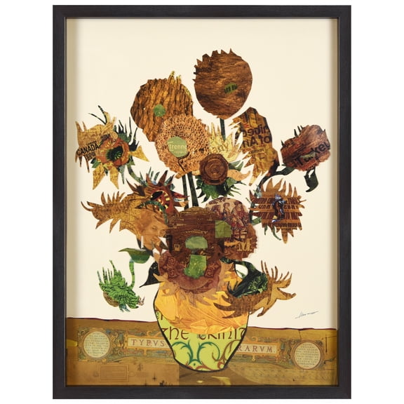 "Sunflower Embrace"Alex Zengs dimensional collage, under glass & a black shadow box frame