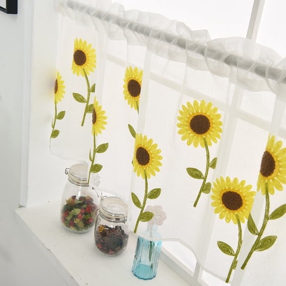 Sunflower Embroidered Sheer Kitchen Cafe Curtain Valance, Single Panel Rod Short Curtain for Small Window Rod Pocket Layer Curtain One Panel 39 x 20 inches for Kitchen/Bath, Bedroom.