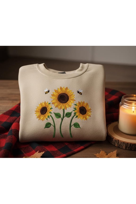 Sunflower Embroidered Sweatshirt – Cozy Pullover with Bees and Floral Design for Nature and Flower Lovers