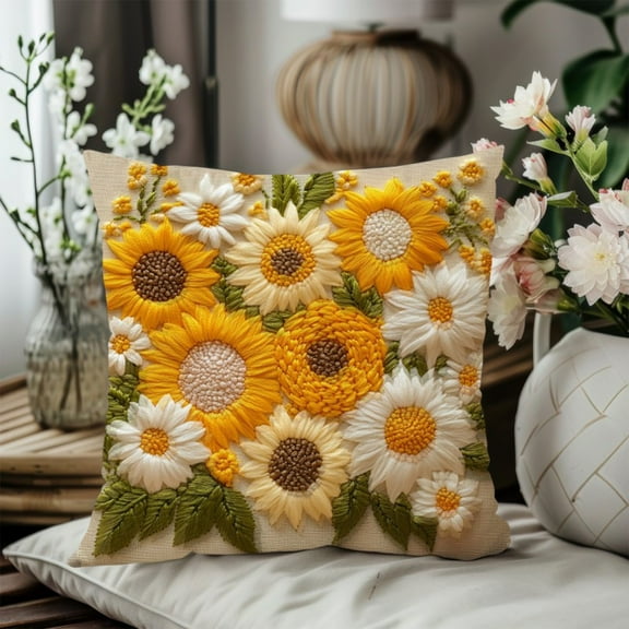 Taicans ‌Sunflower Embroidered Throw Pillow Covers 18x18 in,Farmhouse Holiday Decor for Christmas Thanksgiving,Soft Cotton Linen,Sofa Car Bed,Winter Holiday Decor,Farmhouse Style‌