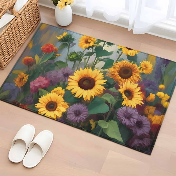 Sunflower Entryway Rug 2'x3'&nbsp; Non Slip Front Door Mats, Modern Oil Painting Summer Botanical Floral Entrance Rugs Indoor Outdoor Carpet, Washable Floor Mats Small Area Rug for Bedroom Kitchen
