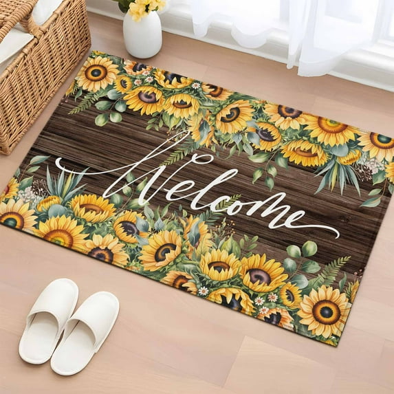 Sunflower Entryway Rug 2'x3' Non Slip Front Door Mats, Yellow Summer Botanical Wooden Farmhouse Entrance Rugs Indoor Outdoor Carpet, Washable Floor Mats Small Area Rug for Bedroom Kitchen