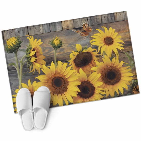 Sunflower Entryway Rug 2x3 Area Rug Washable Indoor Doormat Small Bathroom Rugs Low Pile Accent Throw Rugs Spring Yellow Floral Rustic Butterfly Wood Grain Floor Carpet for Kitchen Bedroom Entrance