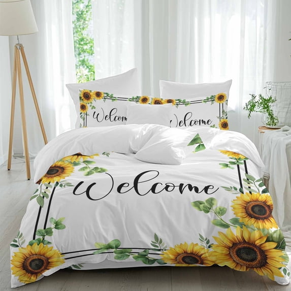Sunflower Eucalyptus California King Duvet Cover Set, Welcome 4 Piece Microfiber Bedding Set with Zipper Closure, Bed Sheet and 2 Pillow Shams, Soft Bedding Cover