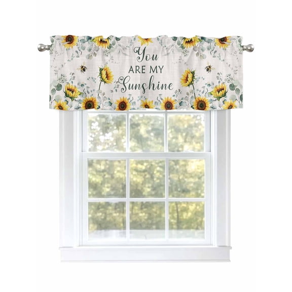 Sunflower Eucalyptus Leaf Bee Flower Retro Valances for Windows, Rod Pocket Kitchen Valance Curtains - Soft & Washable Small Window Treatment for Living Room,&nbsp;Bathroom, , 42x12 Inch, 1 Panel
