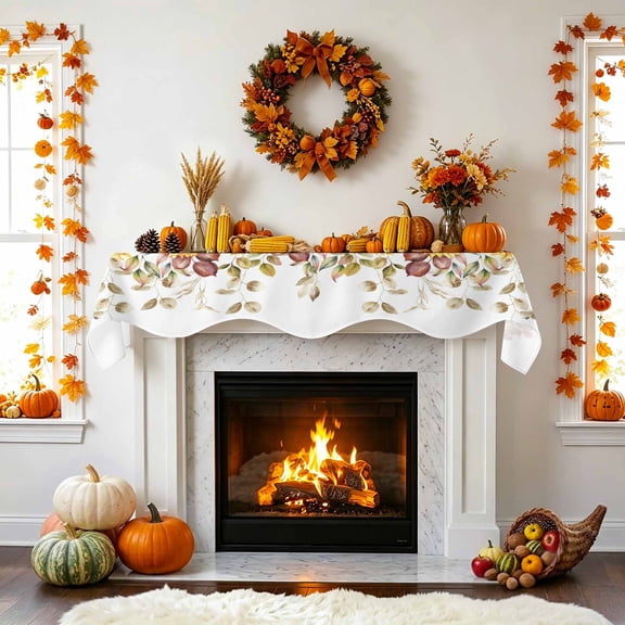 Sunflower Eucalyptus Leaf Fireplace Mantel Scarf, Autumn Leaves Mantel Scarf Scarves Fireplace Top Runner Cover for Holiday Party Home Decorations 60x17in