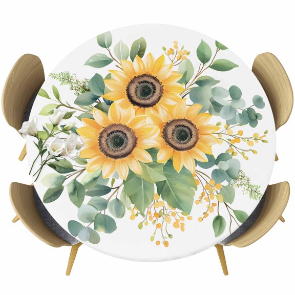 Sunflower Eucalyptus Round Tablecloth 36-44 Inch Round Fitted Table Cloth with Elastic Edge, Spring Summer Yellow Flower Green Leaf Waterproof Table Cover Protector for Outdoor Picnic Party Dining