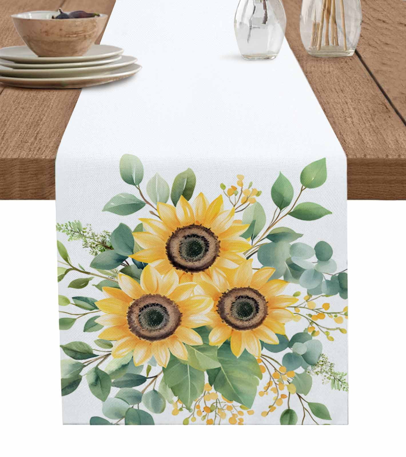 Spring Table Runner 108 Sunflower Eucalyptus Table Runner 108 Inches, Spring Summer Yellow ...