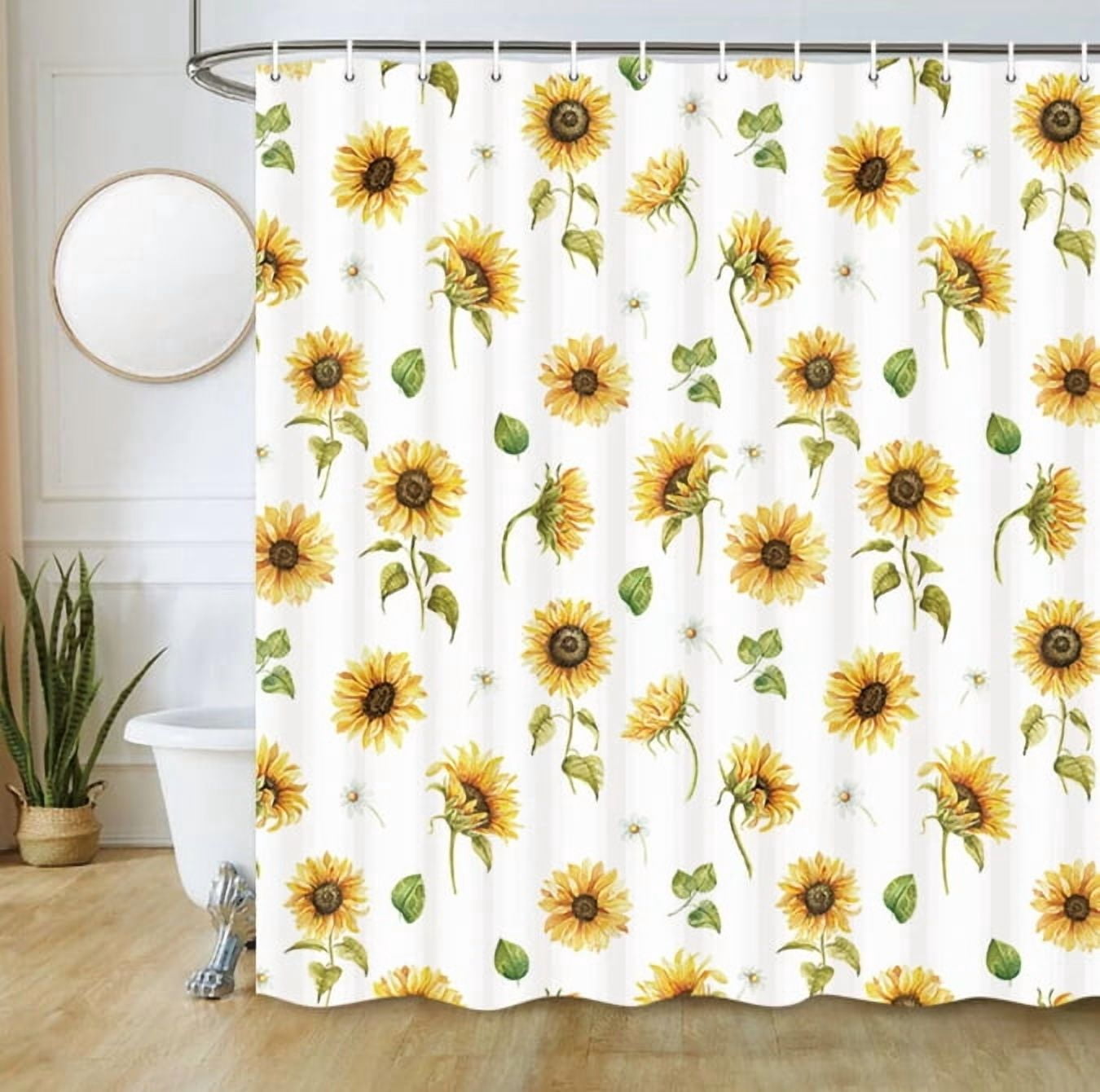 Sunflower Fabric Shower Curtain, Yellow Sunflower Shower Curtain for Bathroom, Farmhouse Flower Bathroom Curtain with Hooks, 72X72in