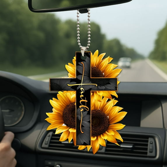 Sunflower Faith Jesus Cross Car Mirror Hanging Ornament - Christian Gift & Xmas Tree Decor