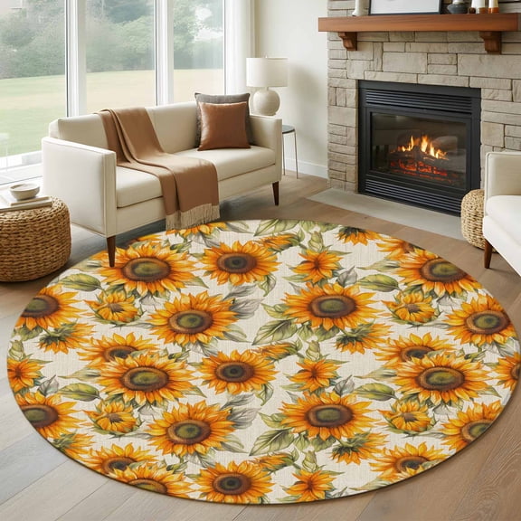 Sunflower Fall Round Rug 6ft Washable Circle Kitchen Rugs Non Slip Autumn Vintage Botanical Floral Large Area Rug Indoor Floor Carpet for Bedroom Living Room Home Office Dining Room Nursery
