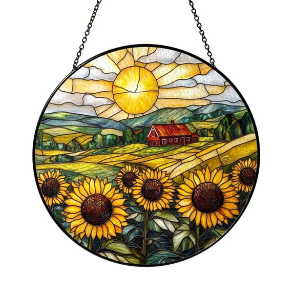 Sunflower Farm Stained Glass Window Panel – Decorative Window Accent