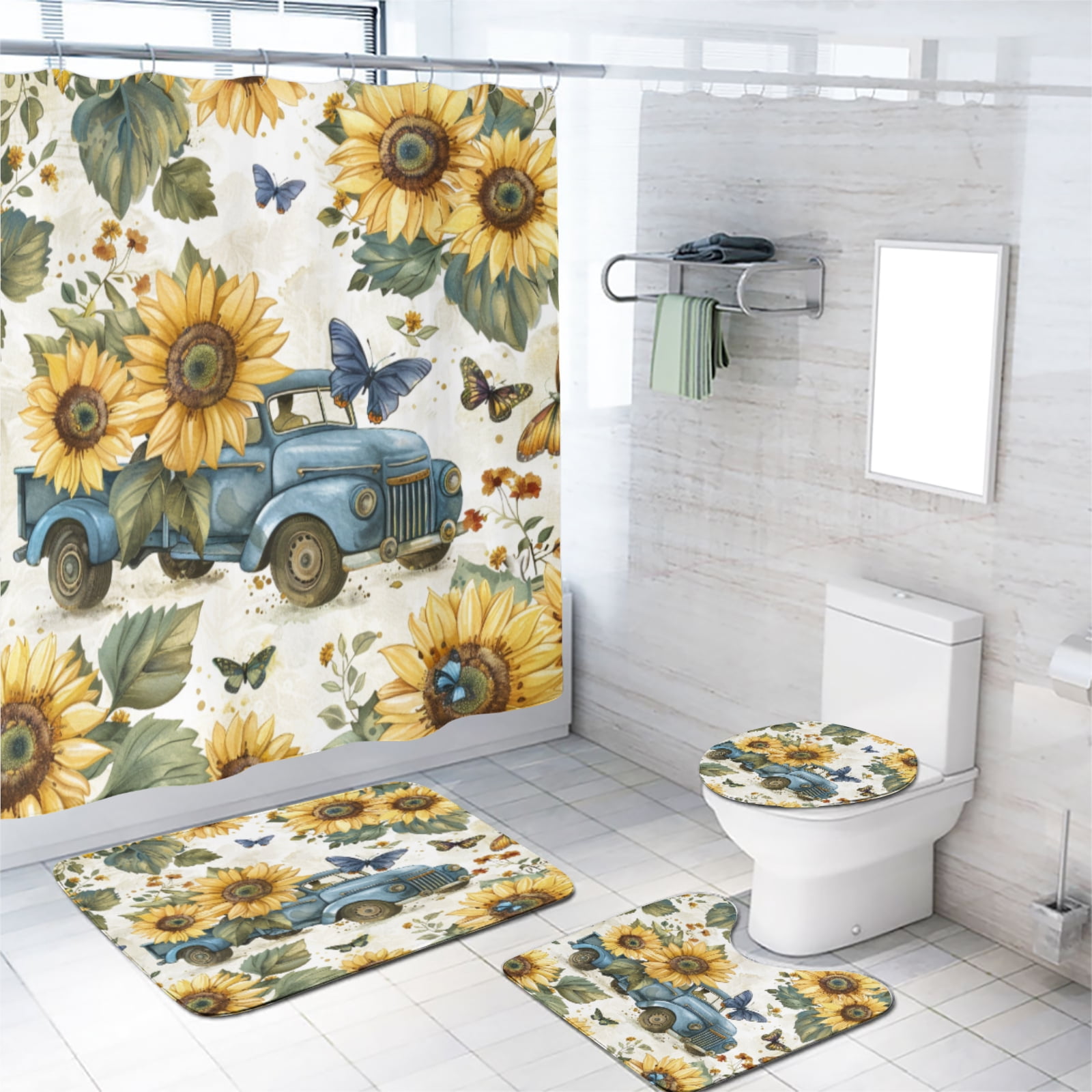 Sunflower Farm Truck 4 Pcs Shower Curtain Set Yellow Floral Farmhouse Flowers Butterflies with Non-Slip Rugs Toilet Lid Cover and Bath Mat Bathroom Decor Set, 72x72 Inch