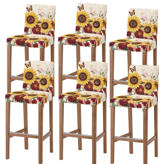 Sunflower Farmhouse Bar Stool Cover Set of 6, Spring Summer Retro Butterfly Flowers Stretch Bar Chair Cover, Removable Washable Pub Counter Stool Chair Slipcover for Kitchen Dining Room Pub Cafe