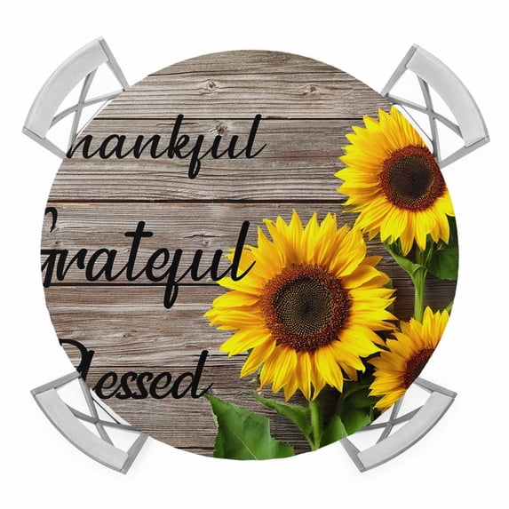 Sunflower Farmhouse Elastic Fitted Round Table Cover Wood Grain Vintage Waterproof Outdoor Tablecloth for Holiday Party, Picnic, Patio & Dining Fits Tables Up to 36"-44"