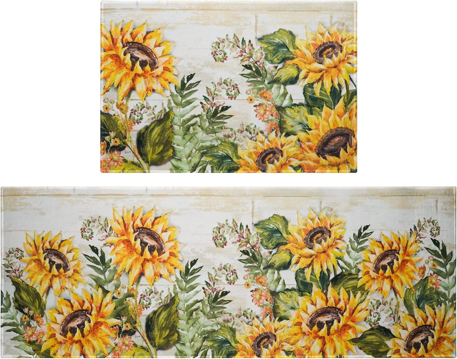 Sunflower Farmhouse Kitchen Rugs Set 2 Piece Colorful Fall Flowers Decorative Rug for Kitchen Low-Profile Floor Mats Decorations for Home Kitchen (17"x48"+17"x24")