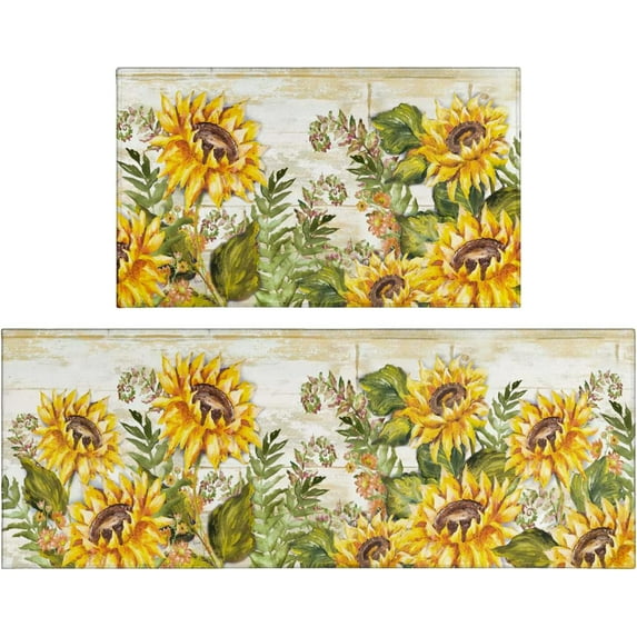 Sunflower Farmhouse Kitchen Rugs Set 2 Piece Colorful Fall Flowers Decorative Rug for Kitchen Low-Profile Floor Mats Decorations for Home Kitchen (17"x48"+17"x30")